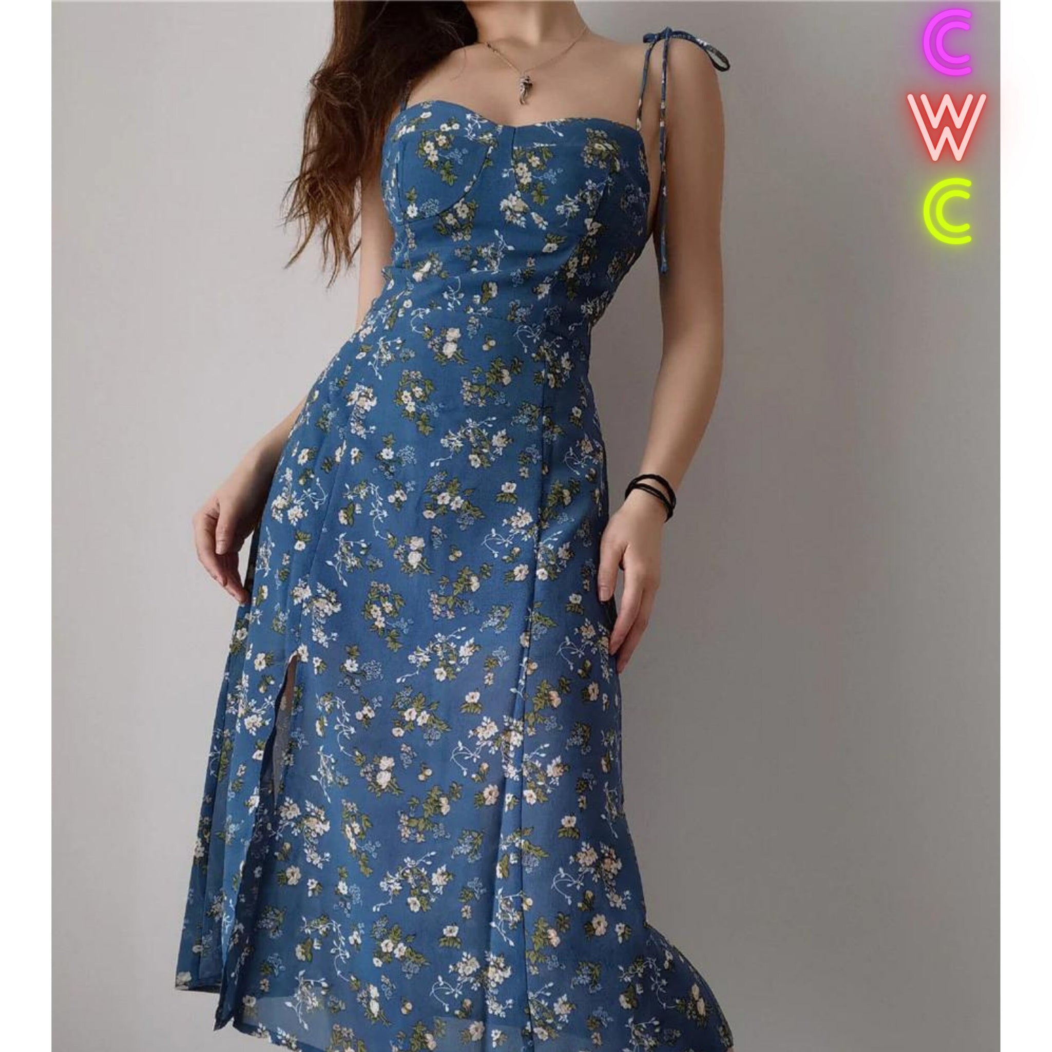 Chiffon Spaghetti Tie Strap Blue Floral ...